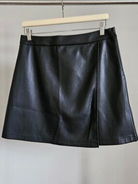 NWT GOELIA Soft PU Leather A-Line Wrap Mini Skirt Black - US 8/10